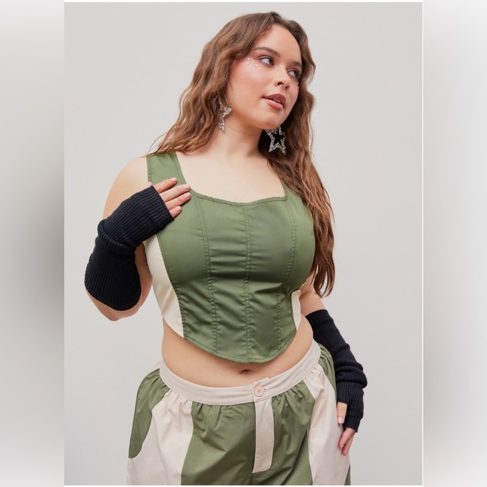 ❌ Cider Green and Cream Asymmetrical Bustier Crop Top